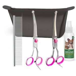 SKYTAG's® Dog Grooming Shears Set-V8 (5 Pcs). Stainless Steel. 1 Up-Curved & 1 Down-Curved, Both Fish Mouth Shears. 2-In-1 Steel Comb