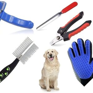 Yuppy Puppy Pet Grooming Accessories Kit With cat and dogs Slicker Brush, Hair Double Side Comb, Nail Clipper, Nail Grinder and Grooming Gloves Kit (Pack of 5)
